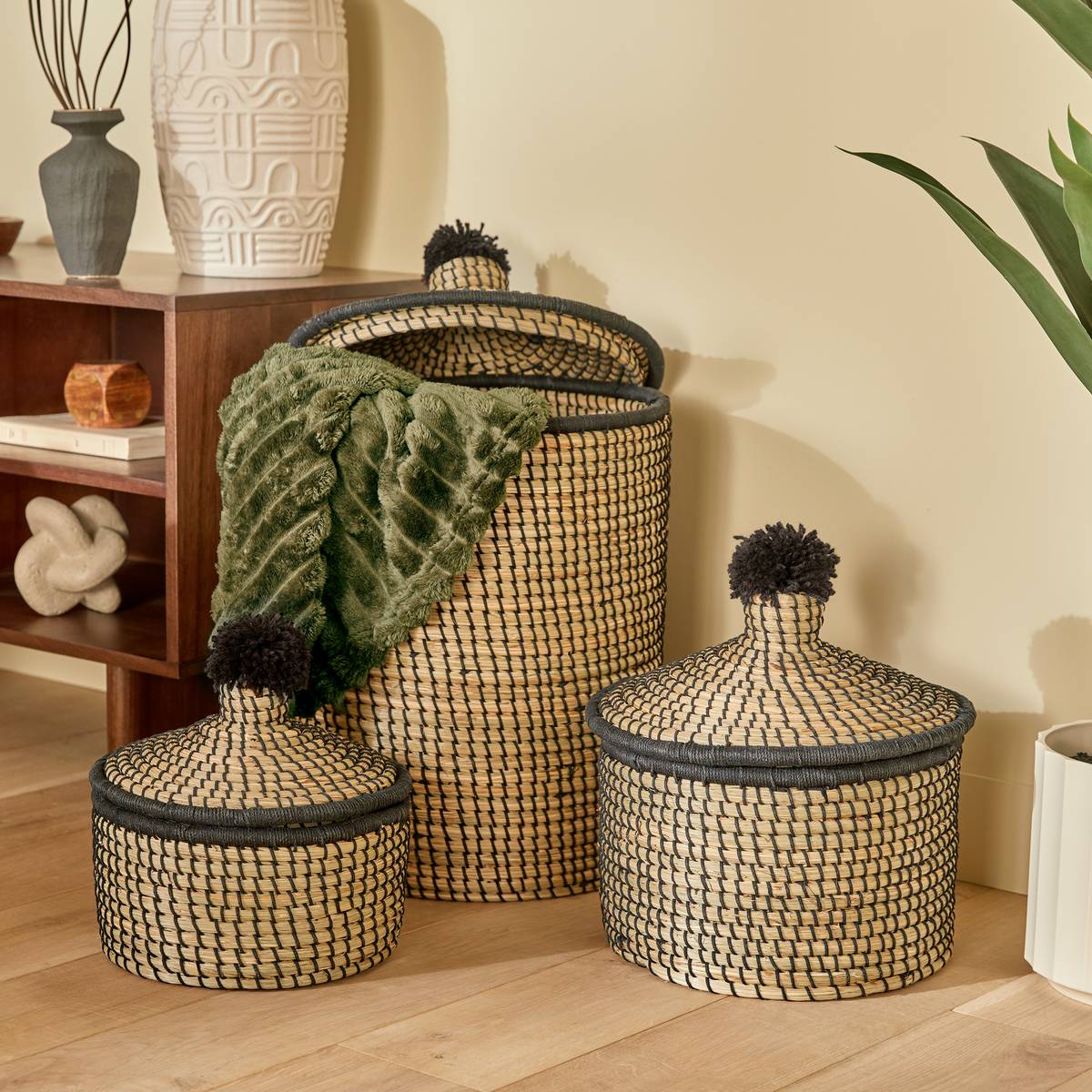 Lot de 3 paniers ronds en roseau NYERO beige, ATMOSPHERA