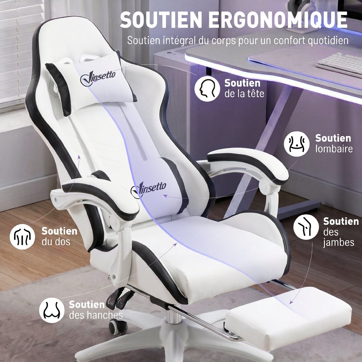 Fauteuil gaming Revêtement synthétique Noir noir et blanc, HOMCOM