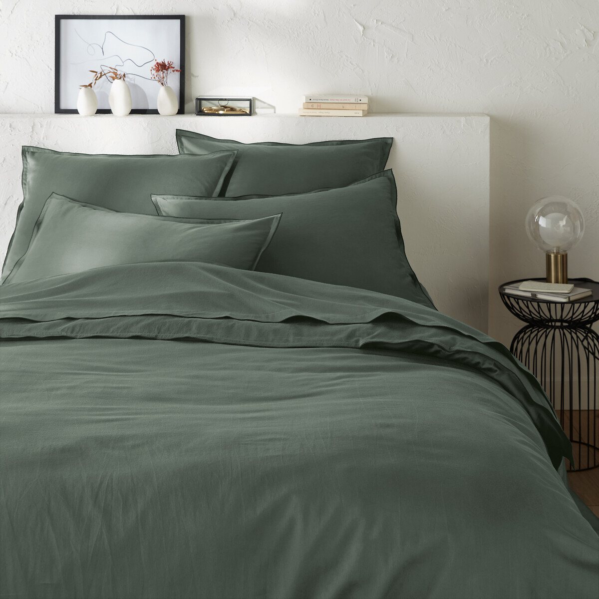 Drap-housse en satin de coton lavé, 118 fils, Victor uni cèdre, LA REDOUTE INTERIEURS