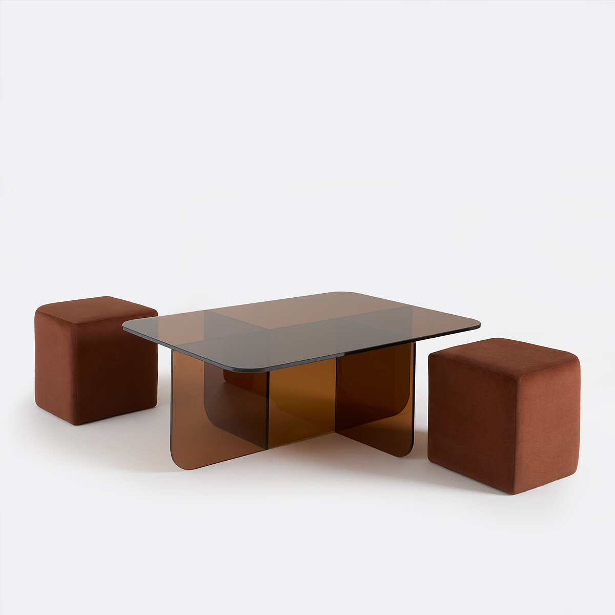 Table basse en verre trempé ambré, et ses 2 poufs en tissu, DELLA terracotta, LA REDOUTE INTERIEURS