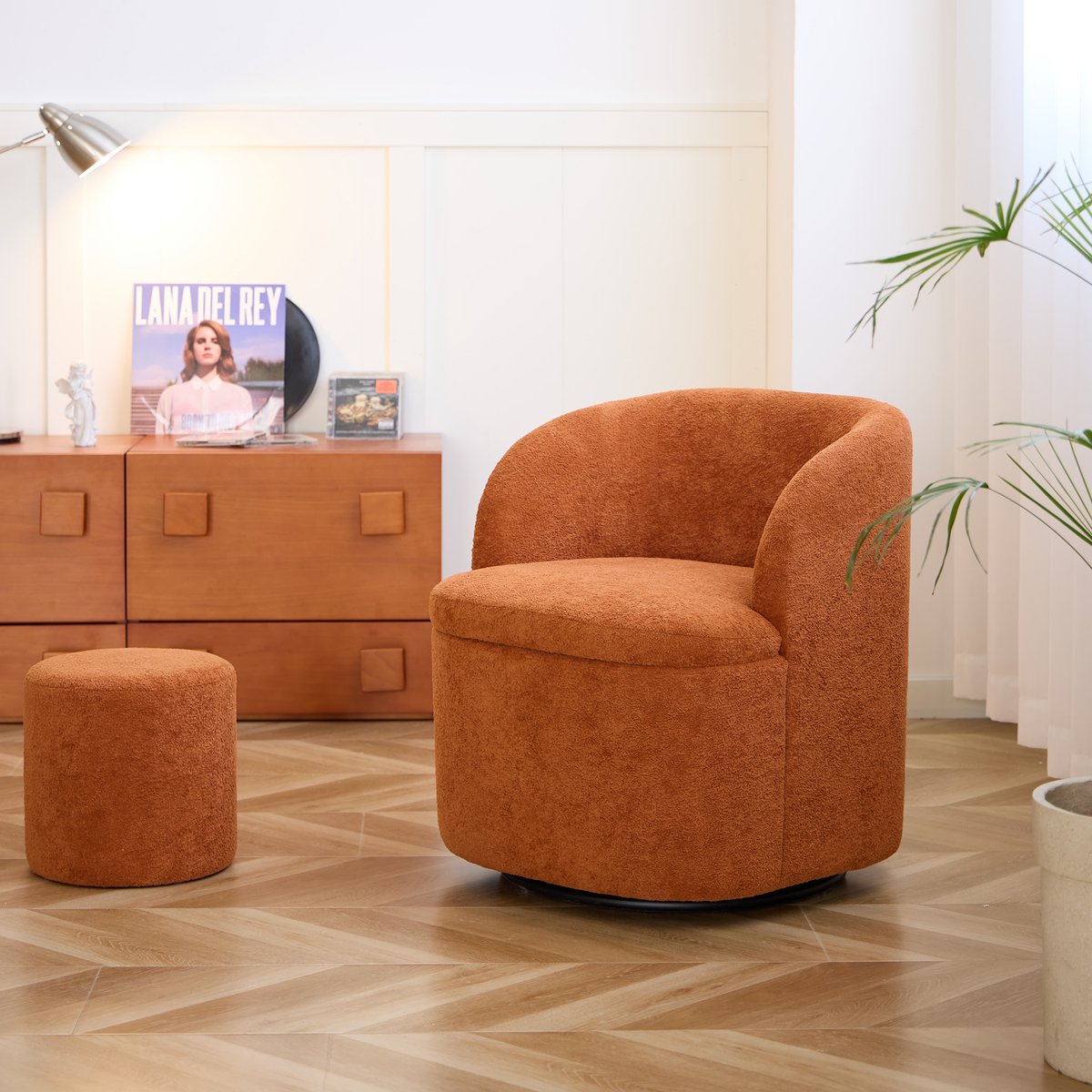 Fauteuil pivotant et pouf, tissu, HALMSTAD terracotta, NORDLYS