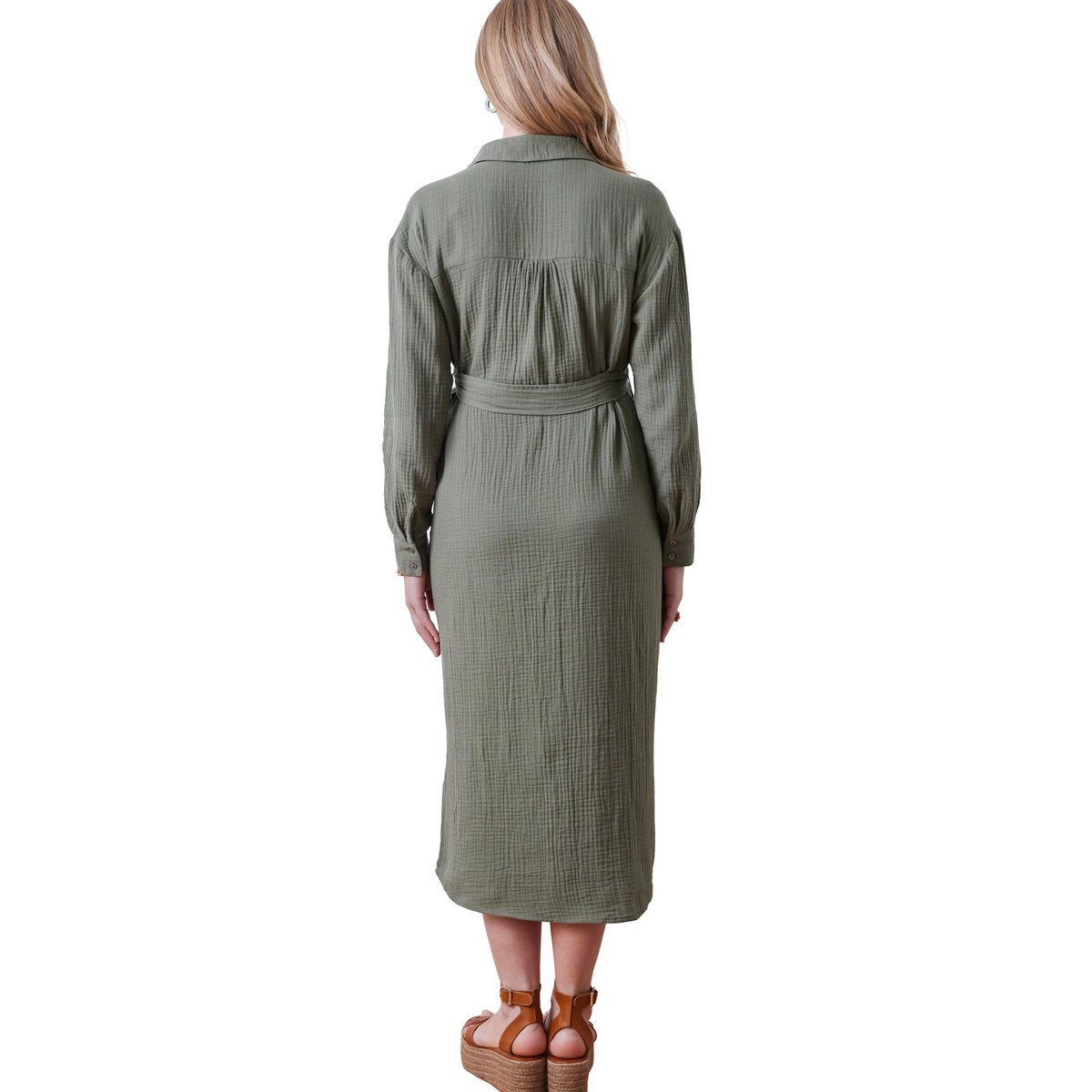 Robe-chemise longue gaze de coton grossesse et allaitement olive, VERTBAUDET