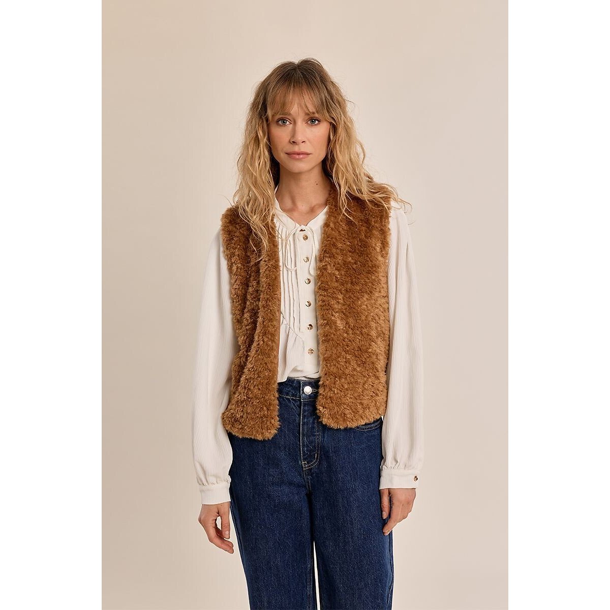 Mouwloos vest in sherpa camel, MOLLY BRACKEN