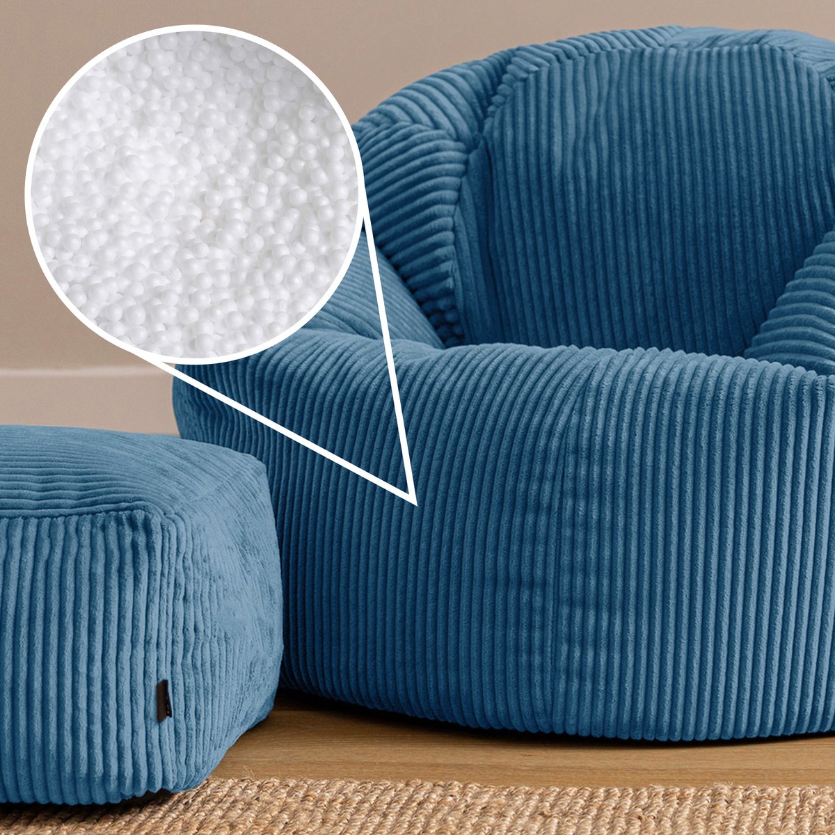 Pouf classique large XL avec repose-pied carré en velours côtelé Oeko-Tex® - KINGSTON bleu canard, ICON