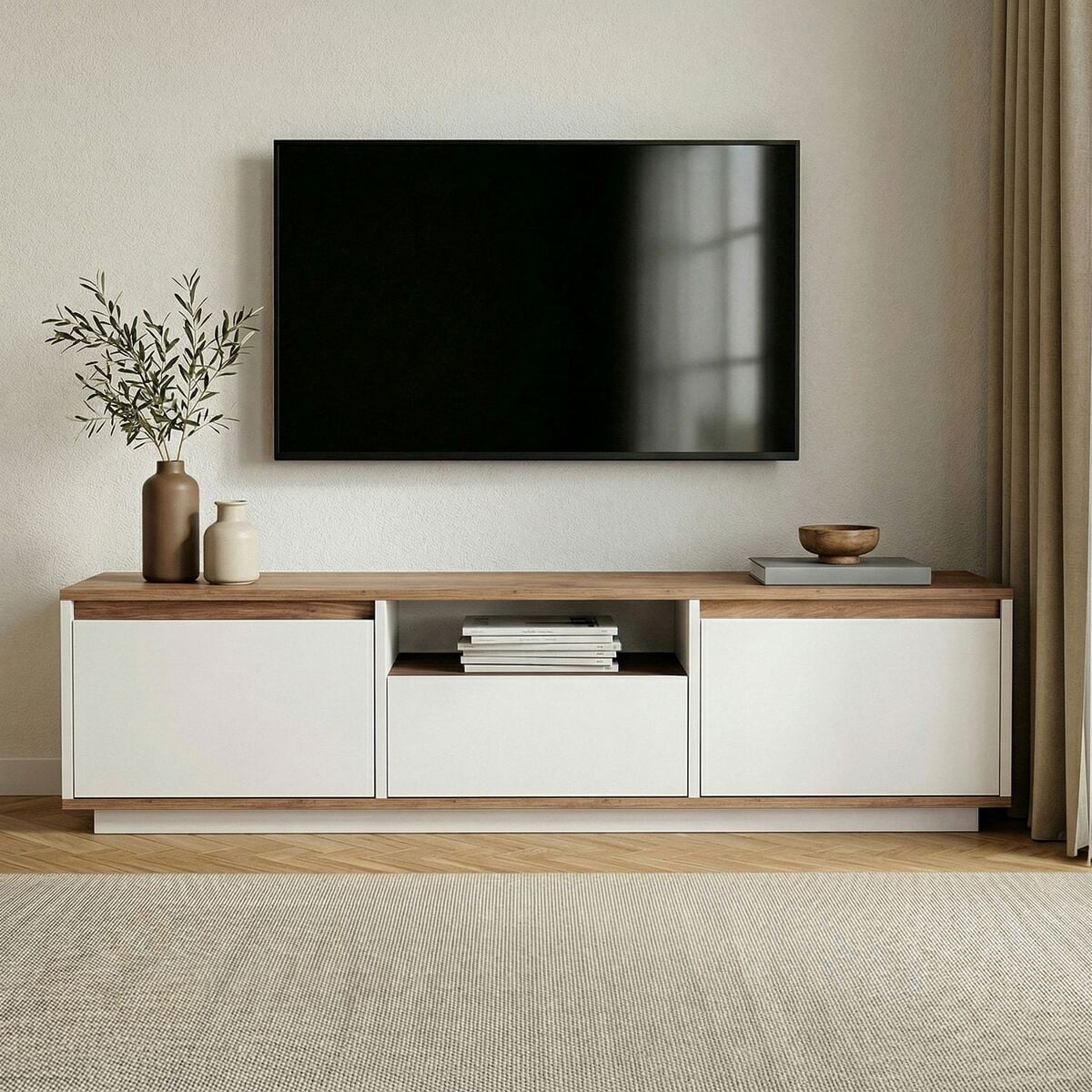 Meuble TV 3 abattants 1 niche - LUME blanc/ pin atlantique, CALICOSY