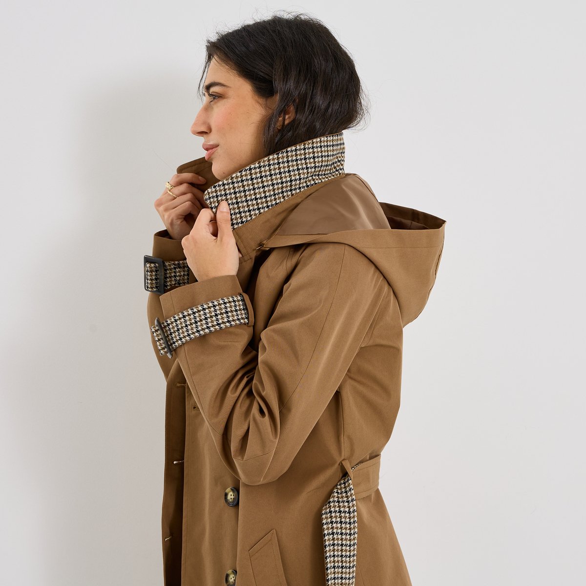 Trench mi-long à capuche marron camel, GRAIN DE MALICE
