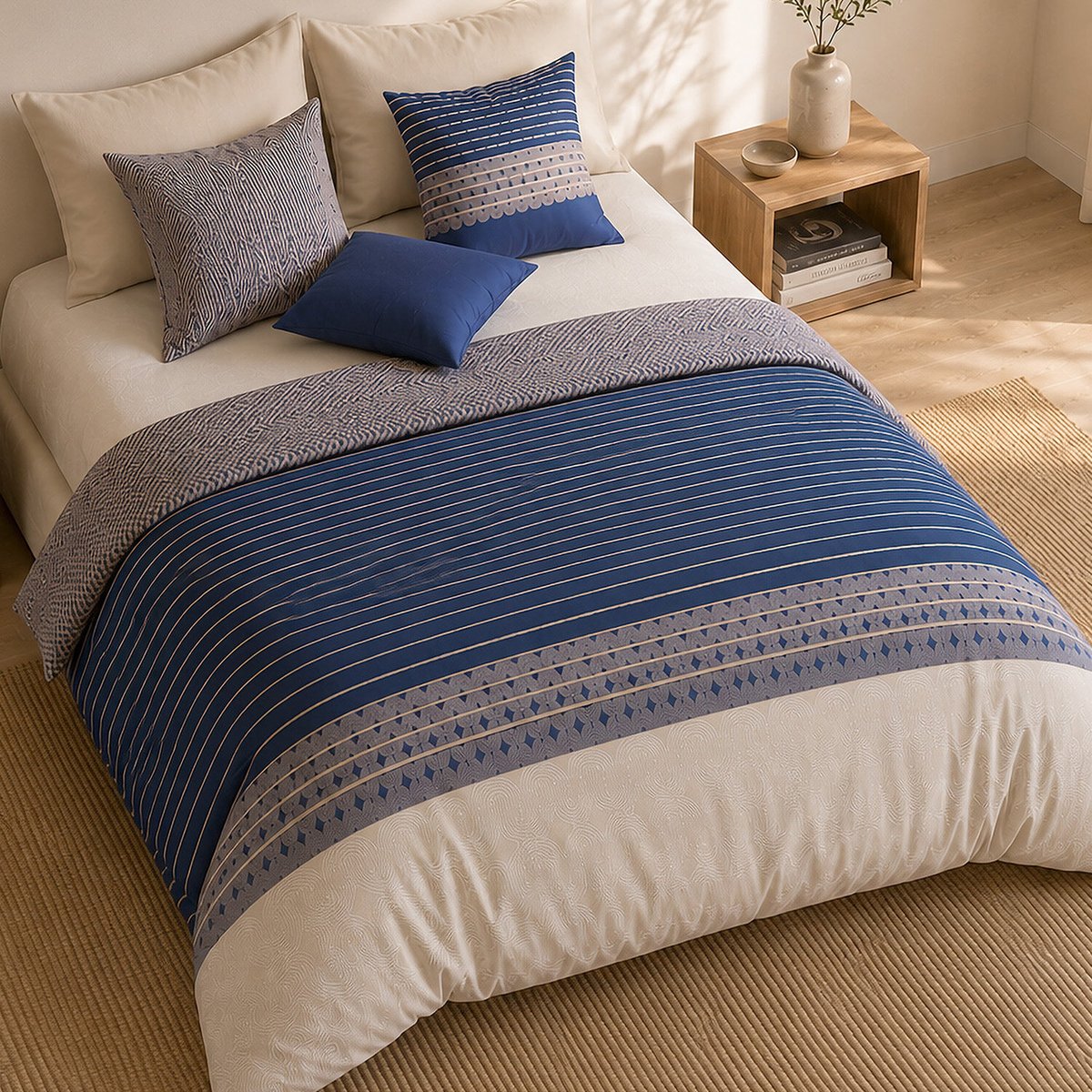 Parure de lit en percale de coton rayures horizontales, BLEVARIS multicolore, ATELIER DU COTON