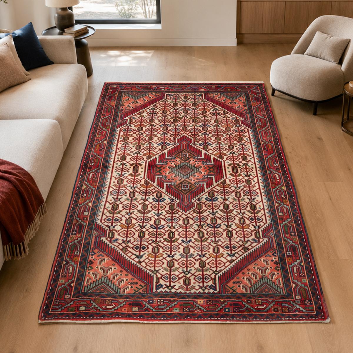 Tapis d'orient au motif oriental, noué main en laine naturelle rouge, crème, bleu, UN AMOUR DE TAPIS