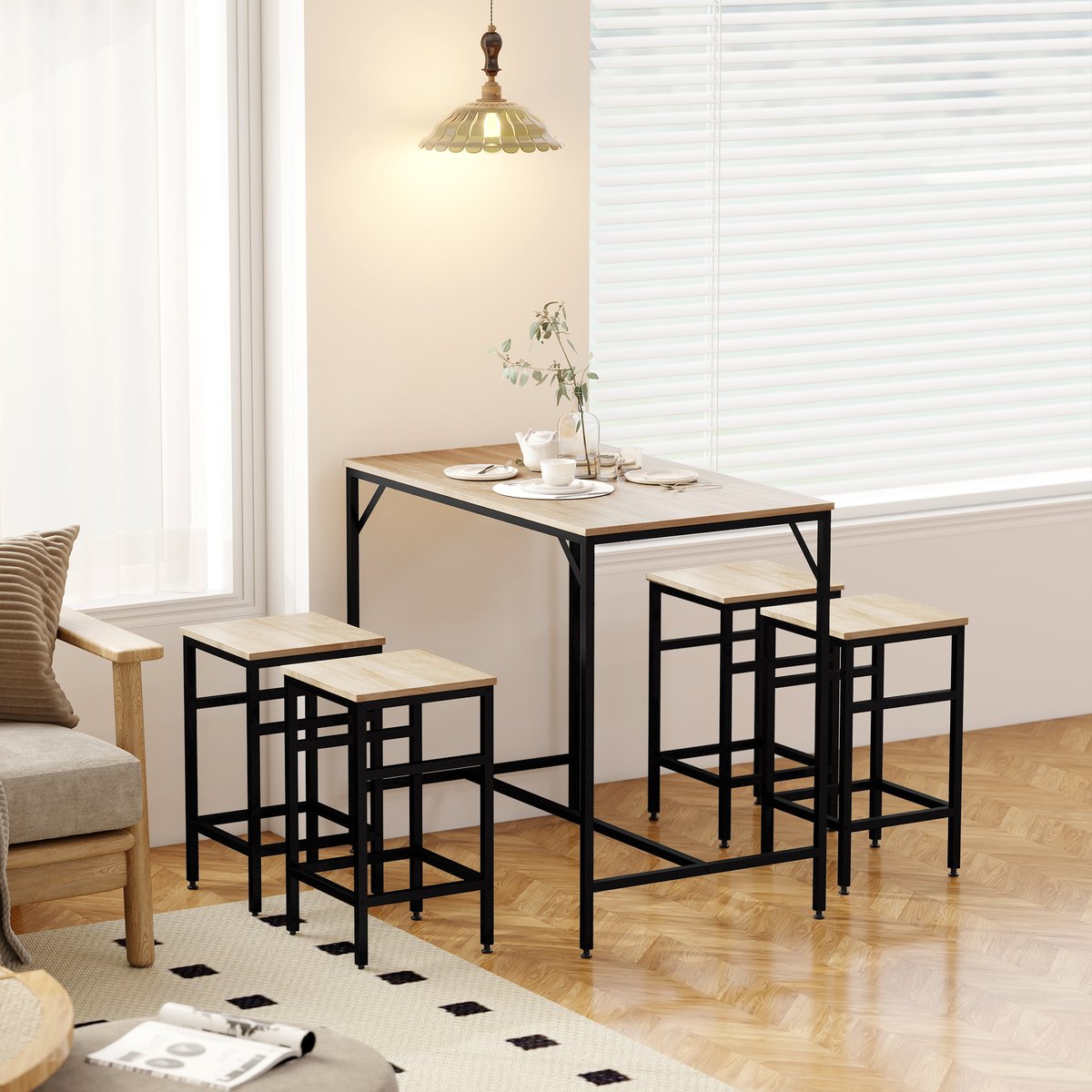 Ensemble de table de bar Métal Beige beige, bois clair, noir, HOMCOM