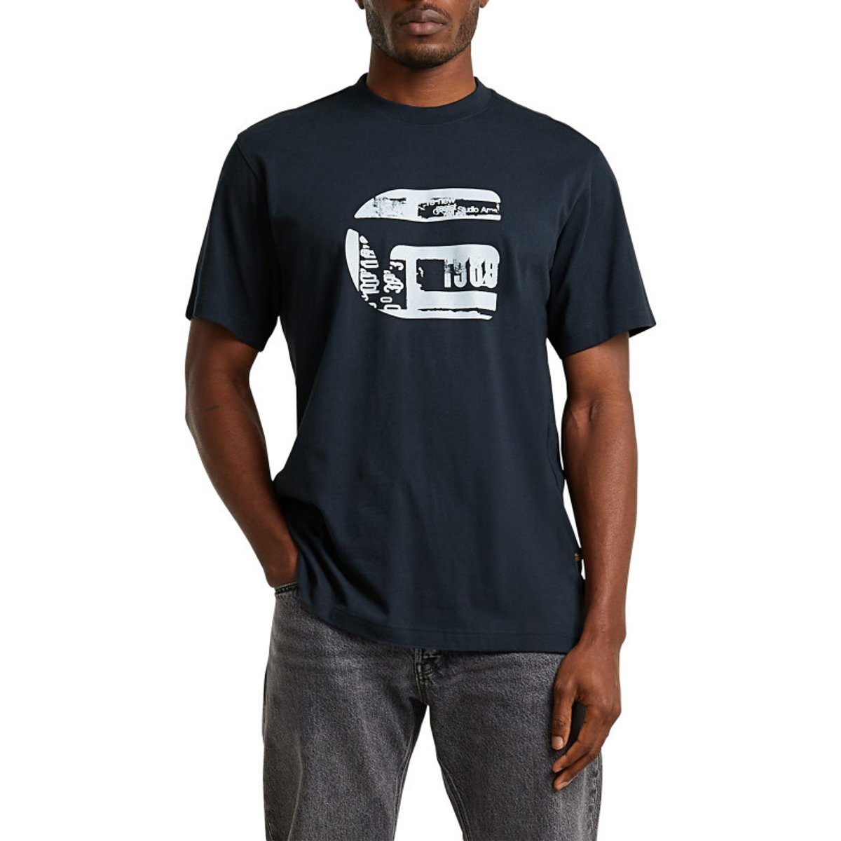 T-shirt en coton biologique bleu marine imprimé avec une coupe droite bleu foncé, G-Star RAW
