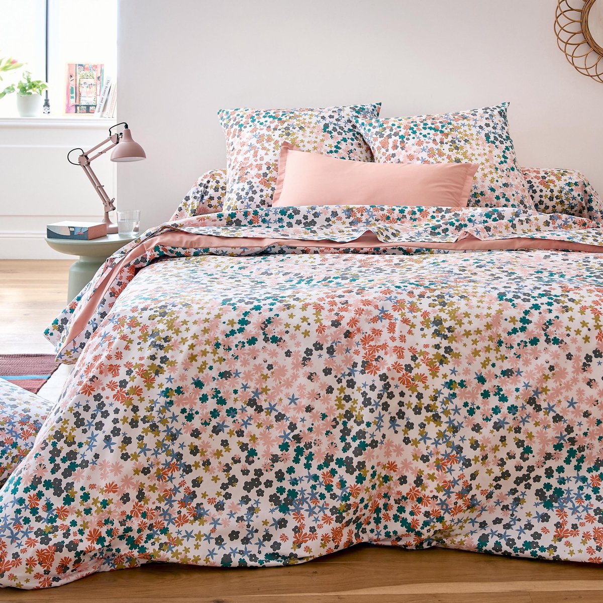 Taie d’oreiller percale de coton 80 fils motif floral rose, TRADILINGE