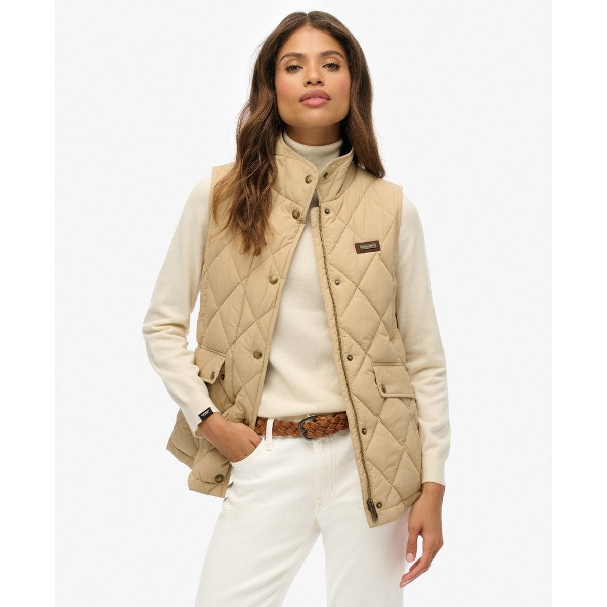 Veste sans manches à doublure bordée de velours côtelé beige shaker, SUPERDRY