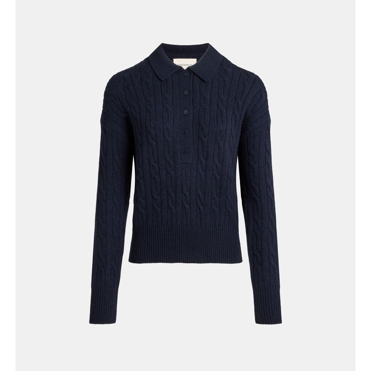 Pull droit col polo orwell torsades et boutons coton et laine bleu marine, JODHPUR