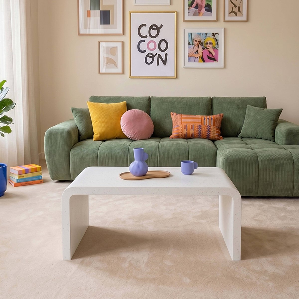 Table basse effet béton lisse rectangulaire 100x60x40 cm, RHODES blanc, OVIALA