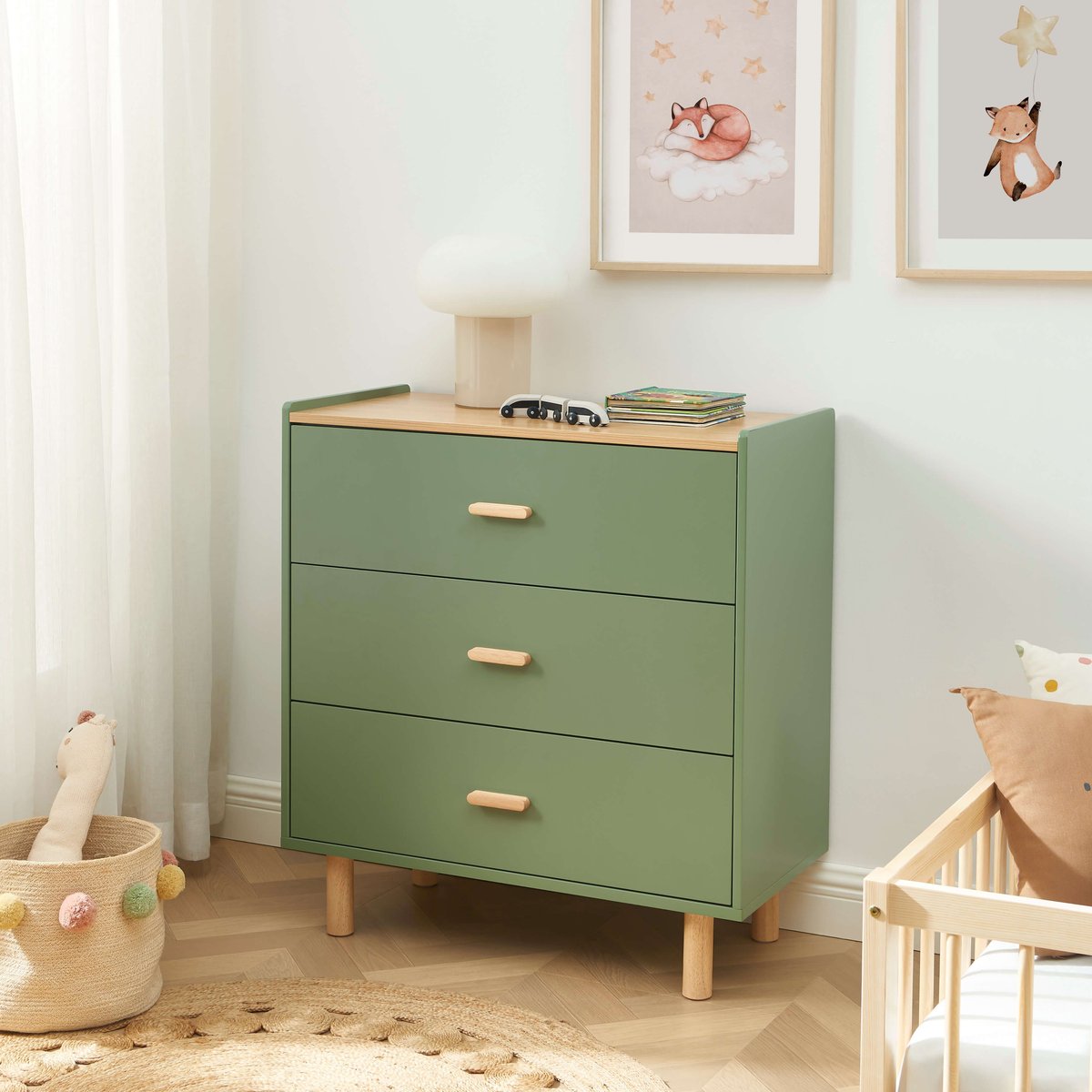 Commode enfant 3 tiroirs AURA vert et chêne clair, BAÏTA
