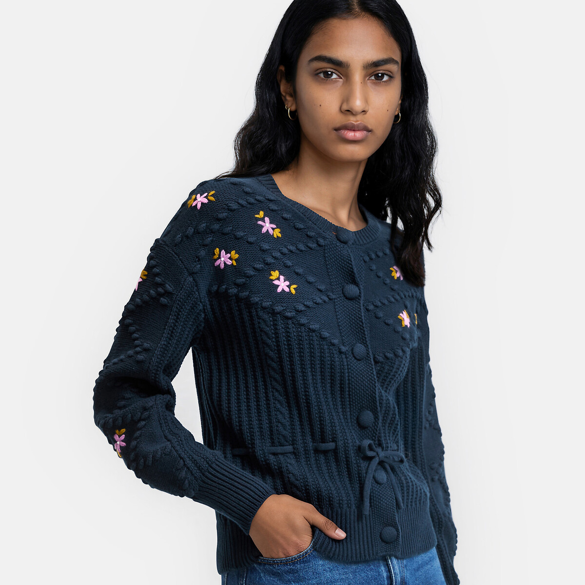 Vest met bloemenborduursel, met een striklintje in de taille marineblauw, LA REDOUTE COLLECTIONS