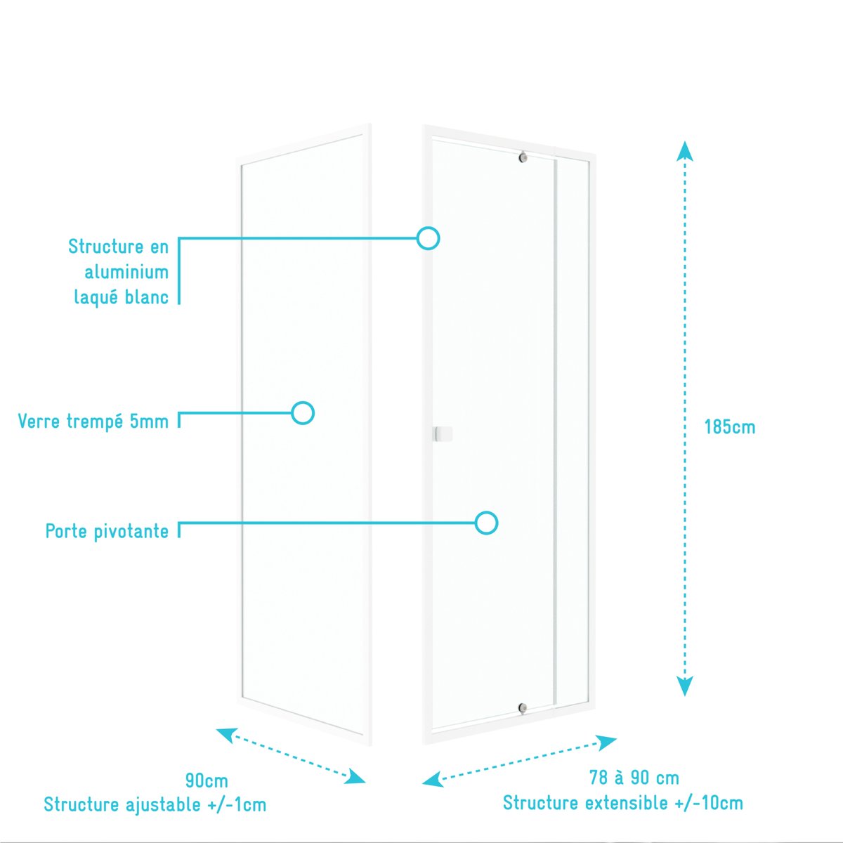 Porte de douche pivotante en verre trempé avec paroi de retour blanc, HOME MAISON