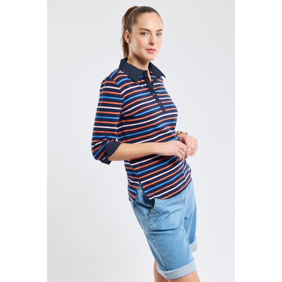 Polo rayé 4 couleurs en coton épais seal/tigerlily/bluesaphir/, ARMOR-LUX