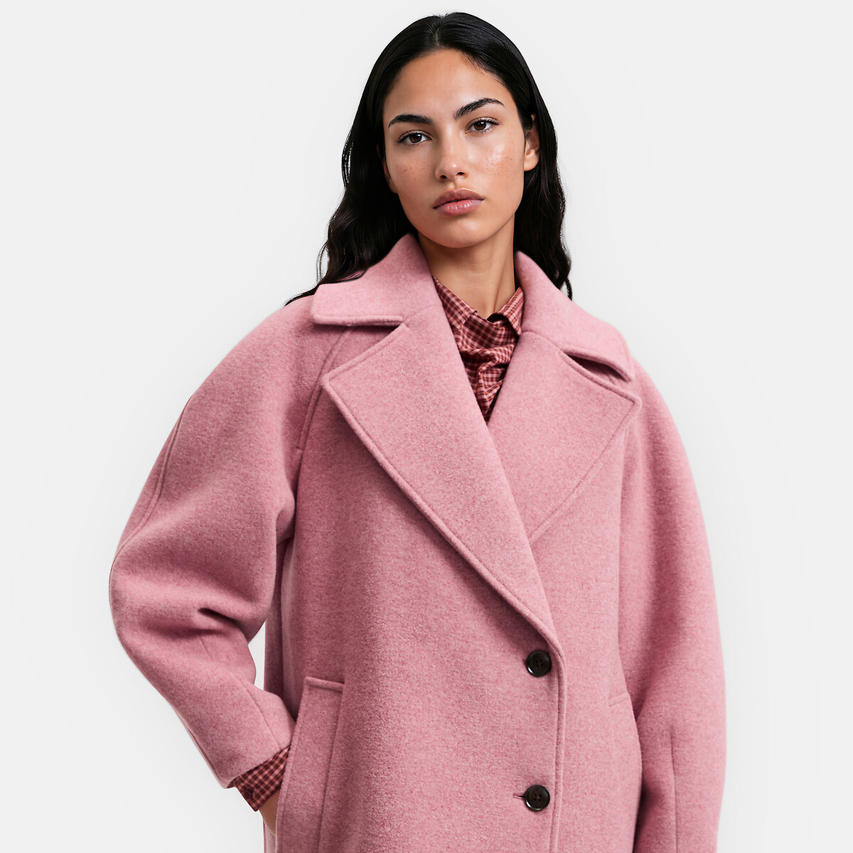 Abrigo largo con cierre asimétrico, mezcla de lana rosa palo, LA REDOUTE COLLECTIONS