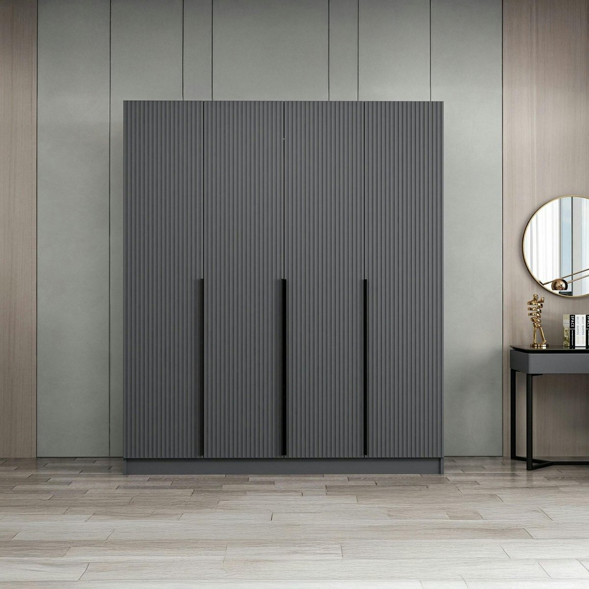 Armoire 4 portes, 1 penderie 8 niches 2 tiroirs BYRON anthracite, PIER IMPORT