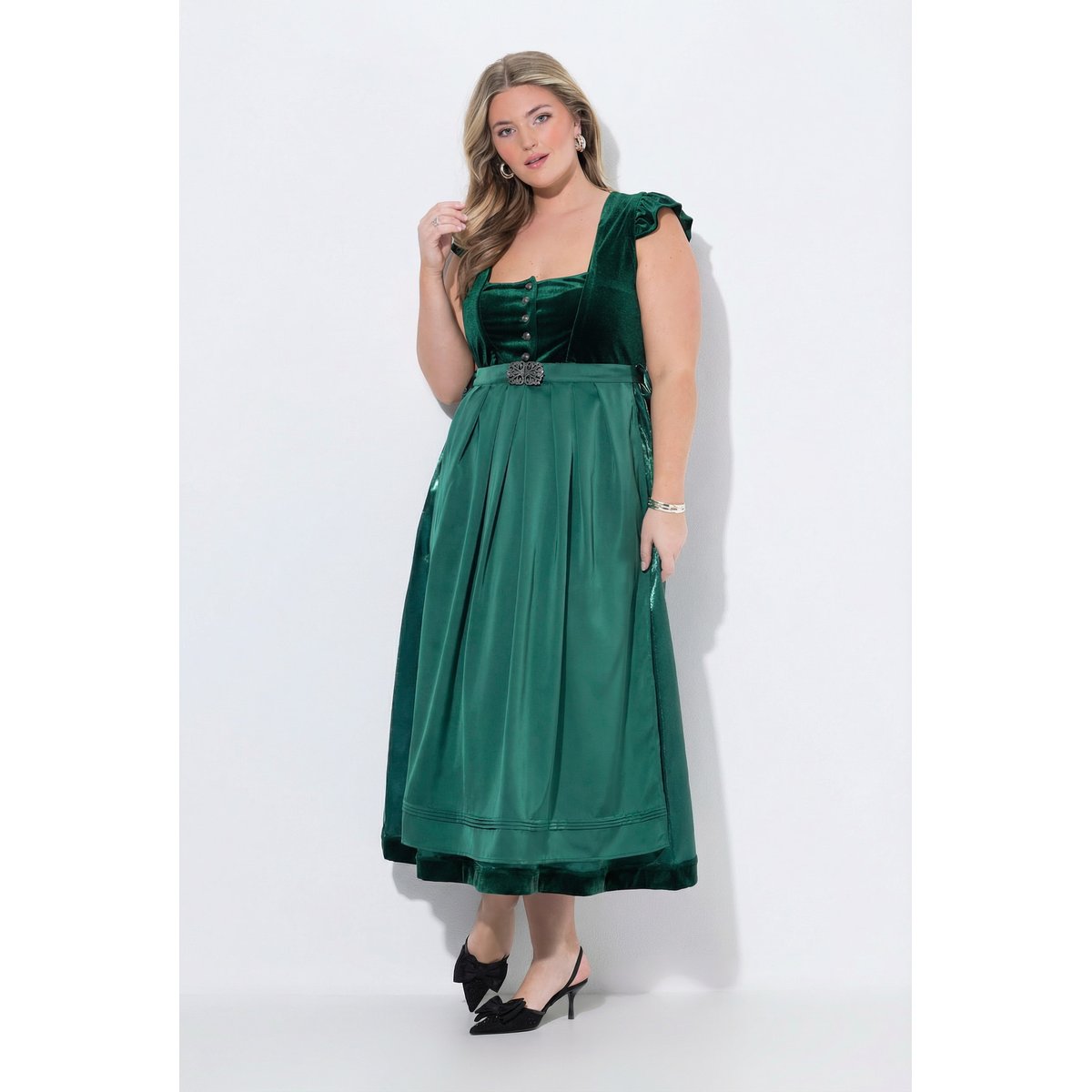 Dirndl en velours, col carré vert sapin, ULLA POPKEN
