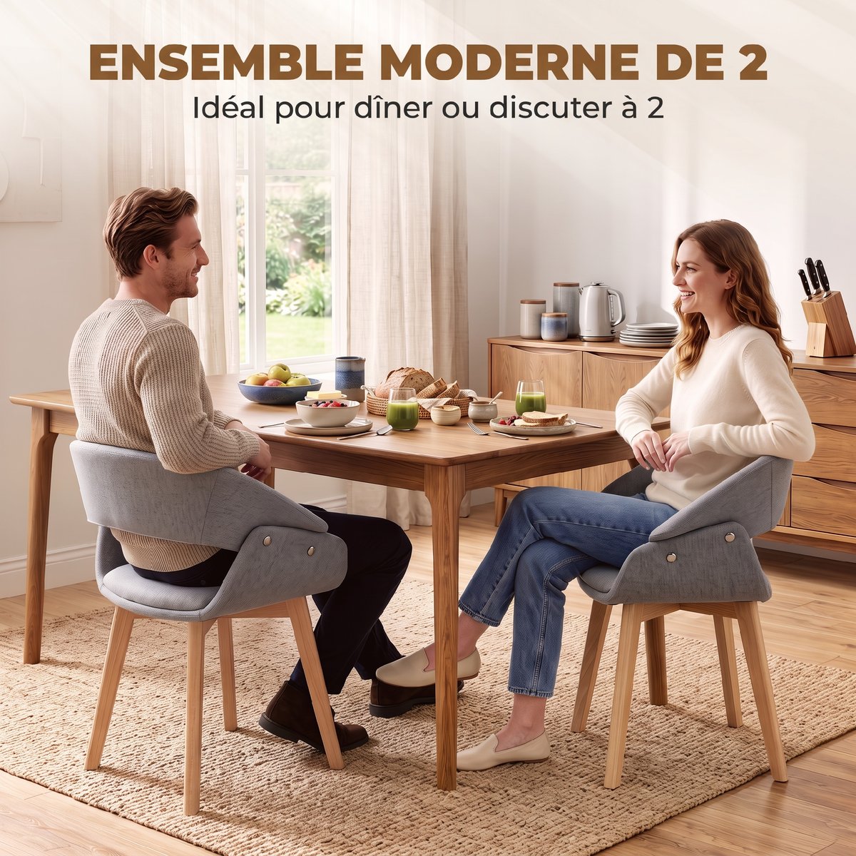 Chaise de salle à manger Tissu aspect lin gris clair, bois naturel, HOMCOM
