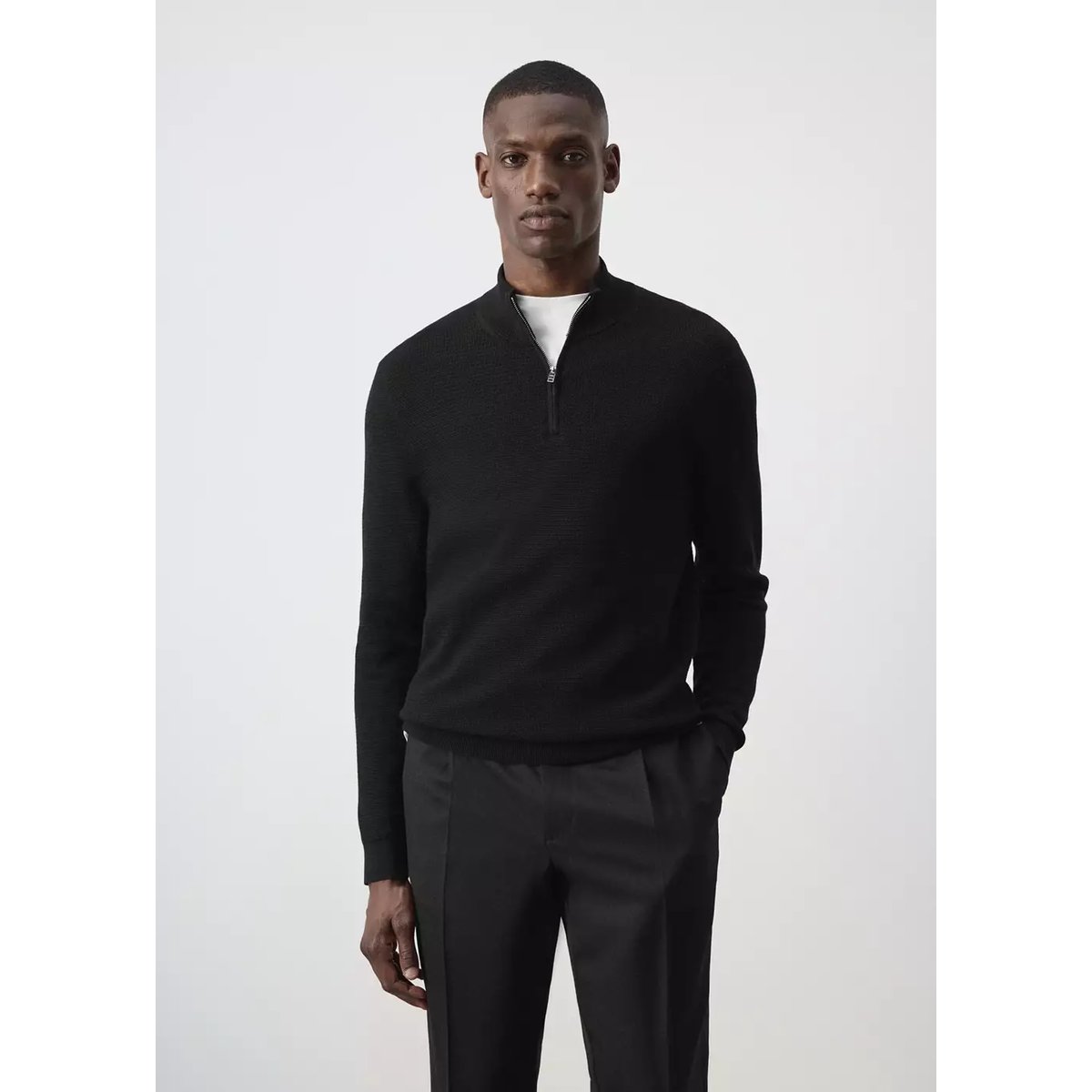 Pull-over maille fine fermeture Éclair noir, MANGO MAN
