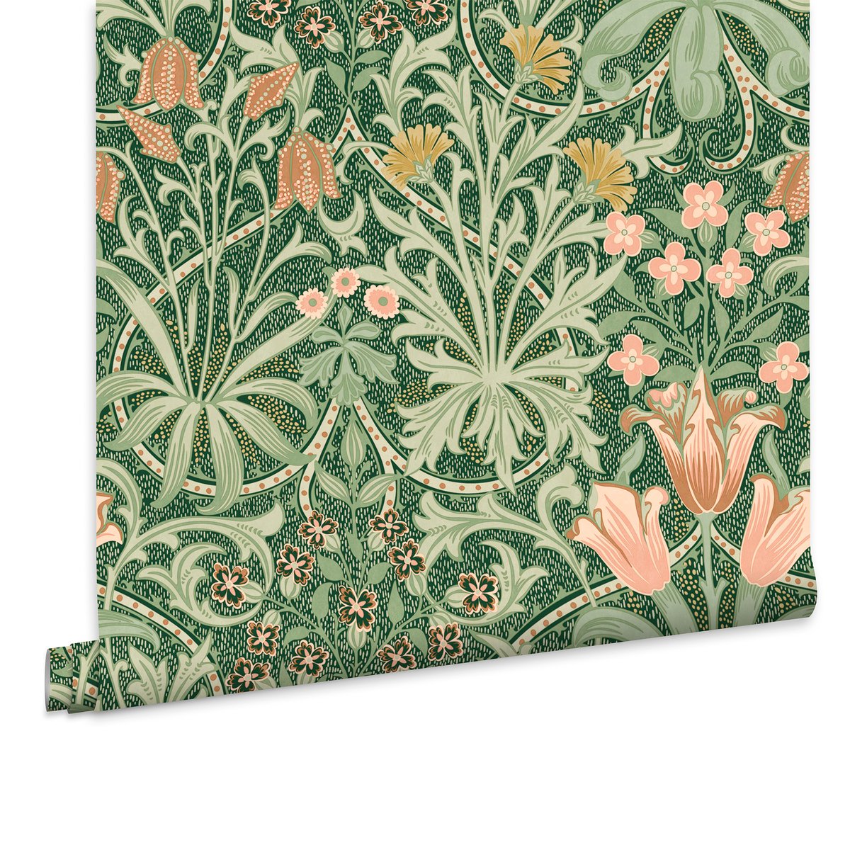 Papier peint fleuri Woodland Weeds Forest vert, corail, ocre, WILLIAM MORRIS AT HOME