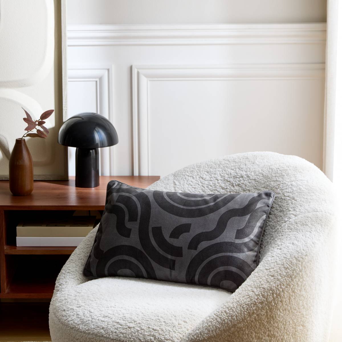 Coussin rectangulaire en velours imprimé LILOU gris foncé, ATMOSPHERA