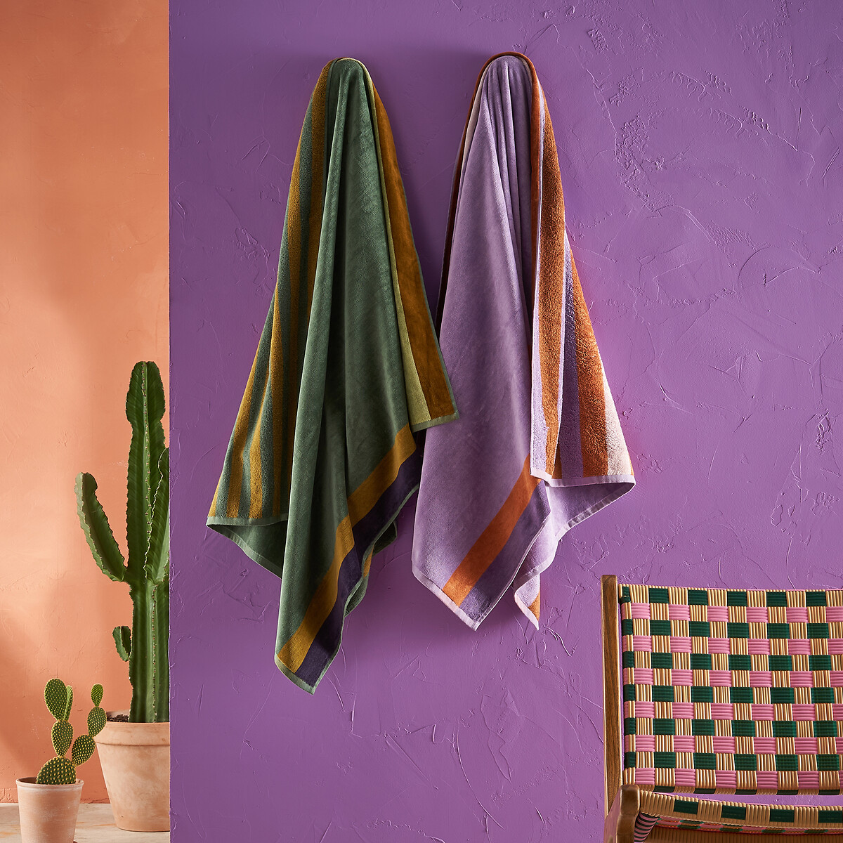Drap de plage éponge velours 420g, Valparaiso rayé vert, LA REDOUTE INTERIEURS