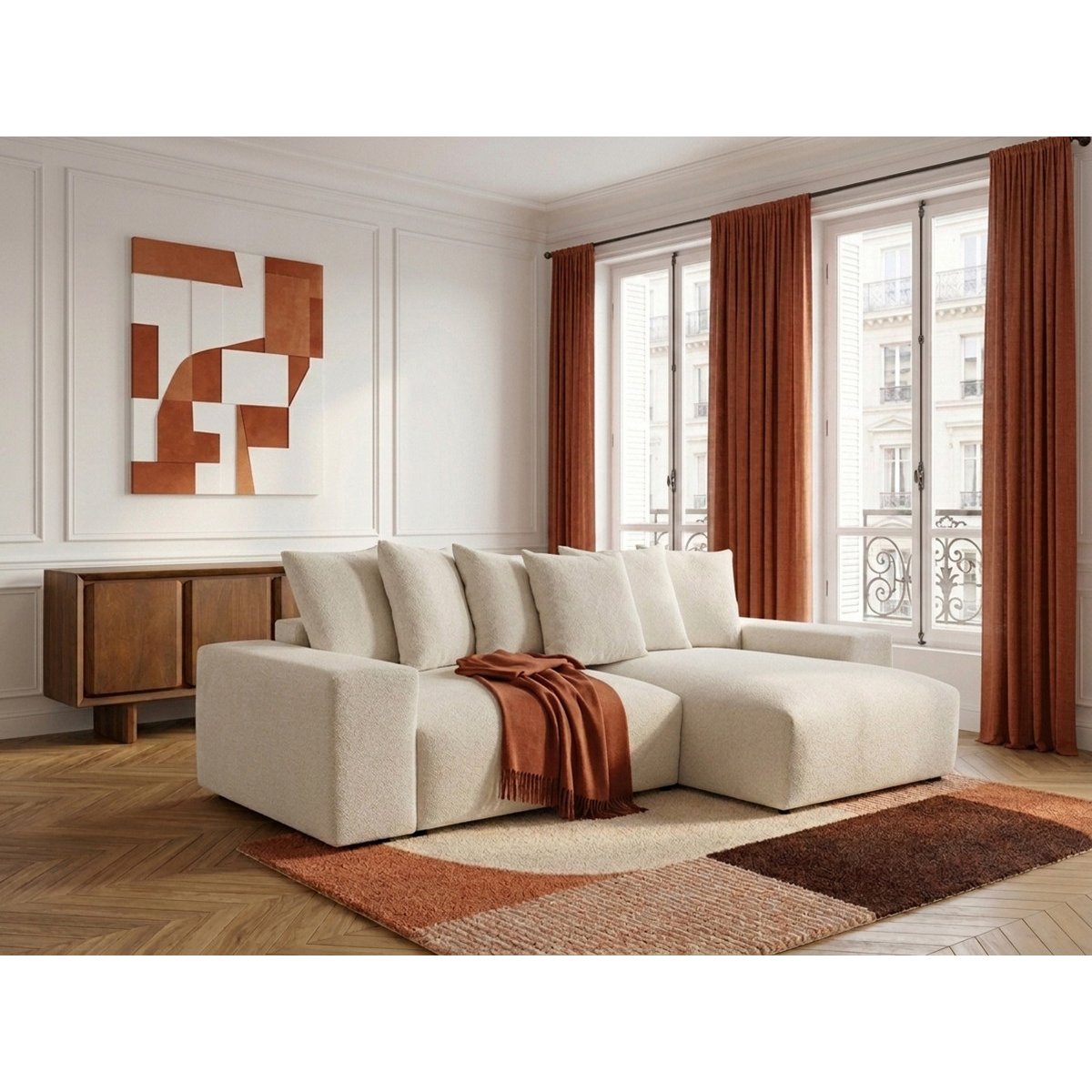 Canapé d'angle convertible 4 places en tissu chiné, VOLTAIRE blanc, BOBOCHIC