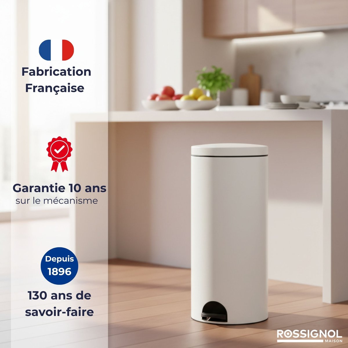 Poubelle de cuisine à pédale 30L et 10 sacs poubelle 50L - ELORA blanc, ROSSIGNOL