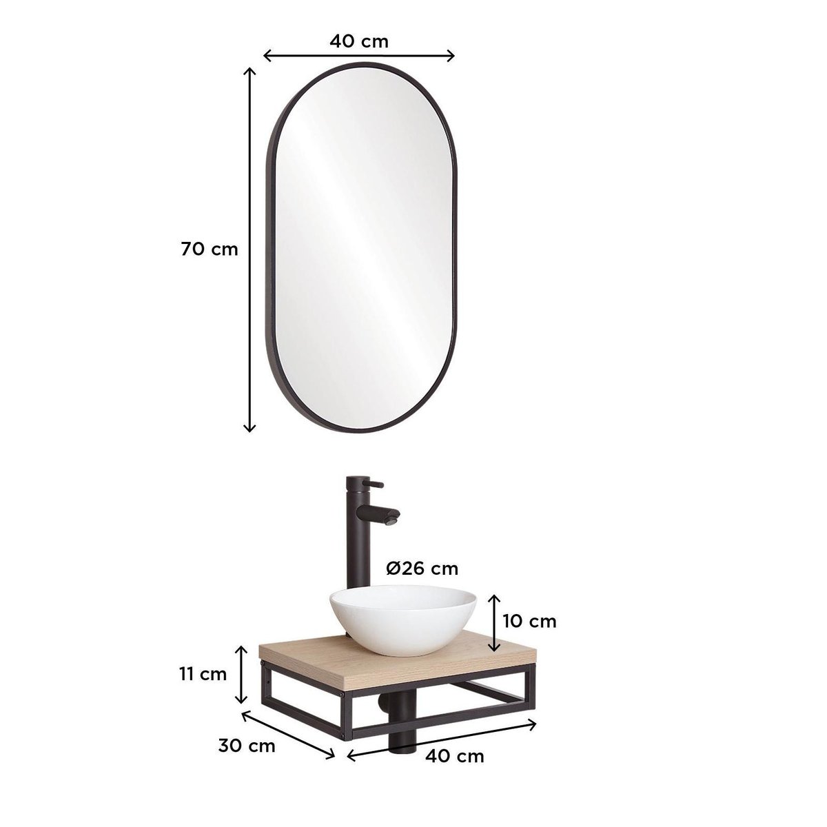 Lave-mains plan fin + vasque + miroir SOHO décor chêne, MOB IN