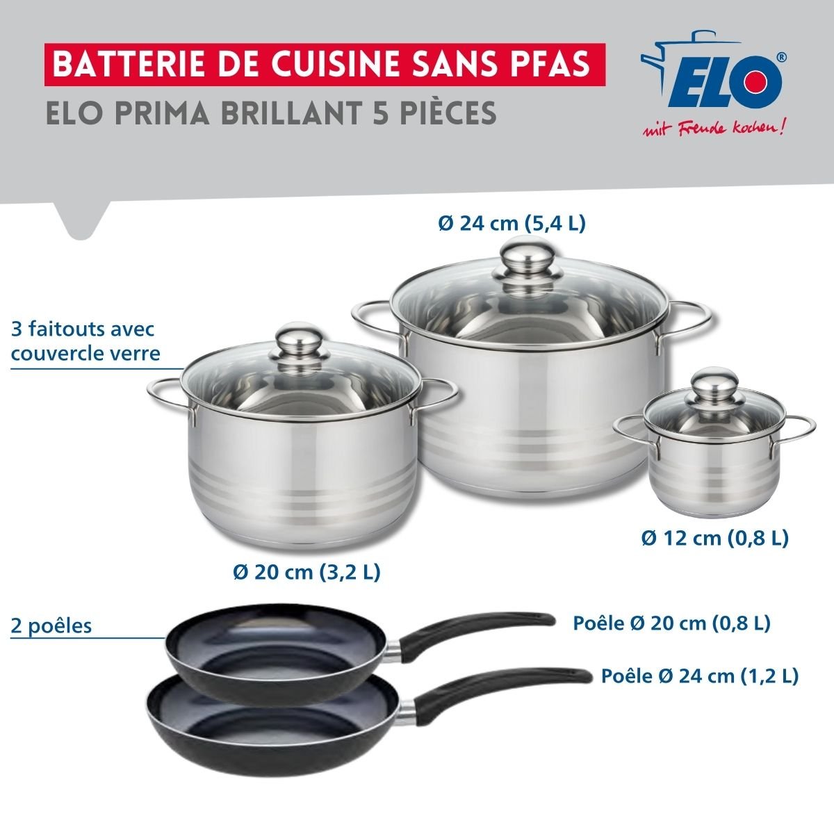 Batterie 2 poêles 20/24cm + 3 faitouts 12/20/24cm PRIMA BRILLANT noir, ELO