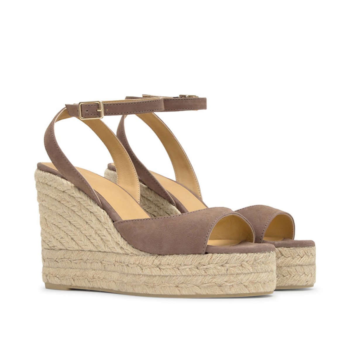 Sandales compensées en cuir et jute tressée à bride cheville BROOK EXTRA PLATFORM taupe, CASTANER