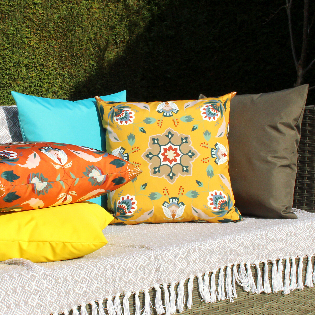 Folk Flora Outdoor Filled Cushion 43x43cm ochre, FURN.
