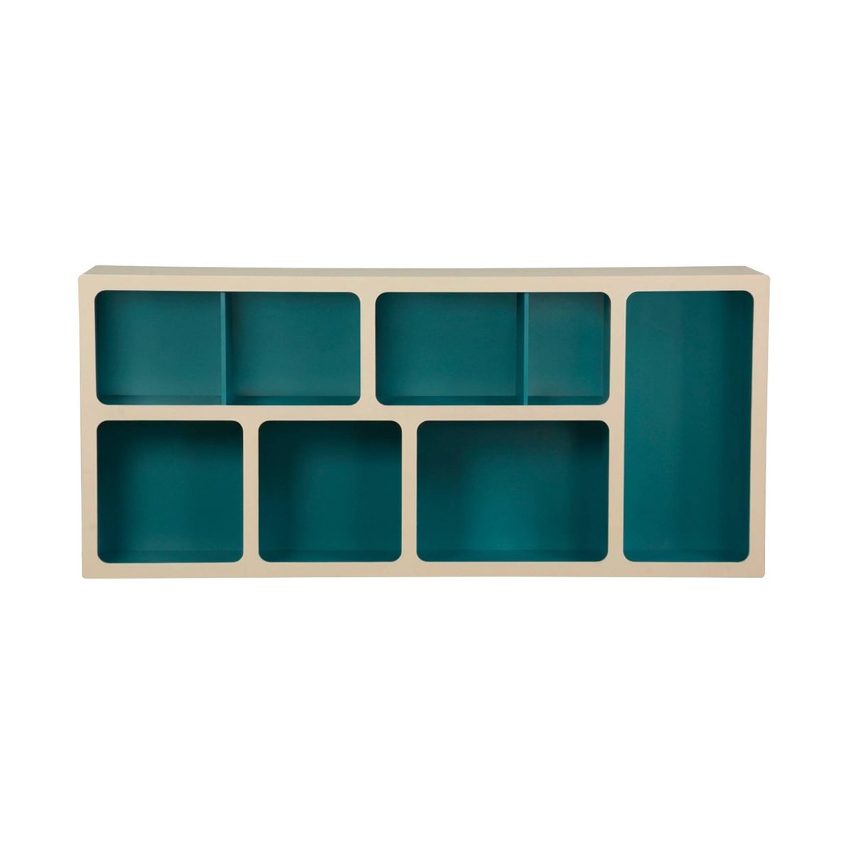 Etagère bibliothèque organique décor bois bicolore 8 compartiments  AGATHA bleu canard, SWEEEK