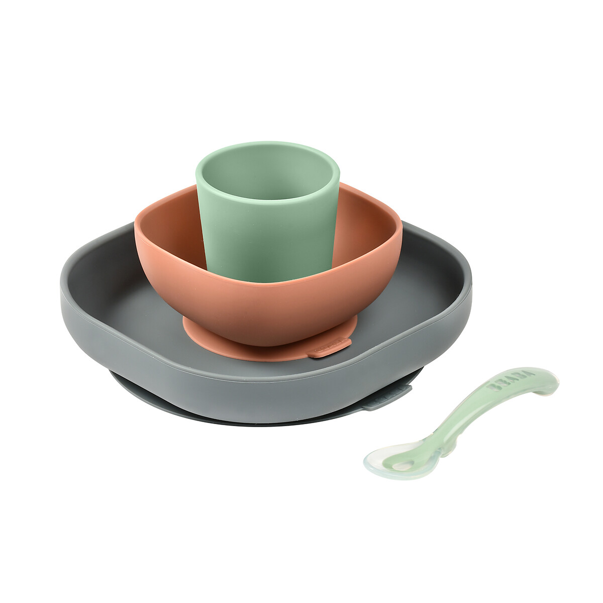 Coffret repas bébé 4 pièces en silicone gris minéral, BEABA