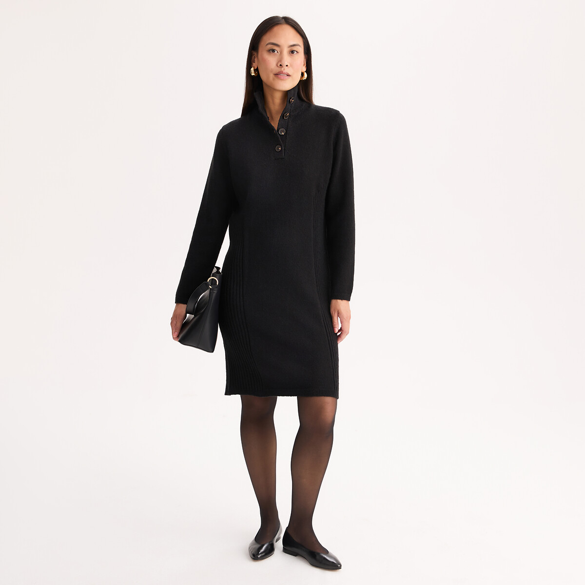 Robe pull à col montant, longueur genou noir, ANNE WEYBURN