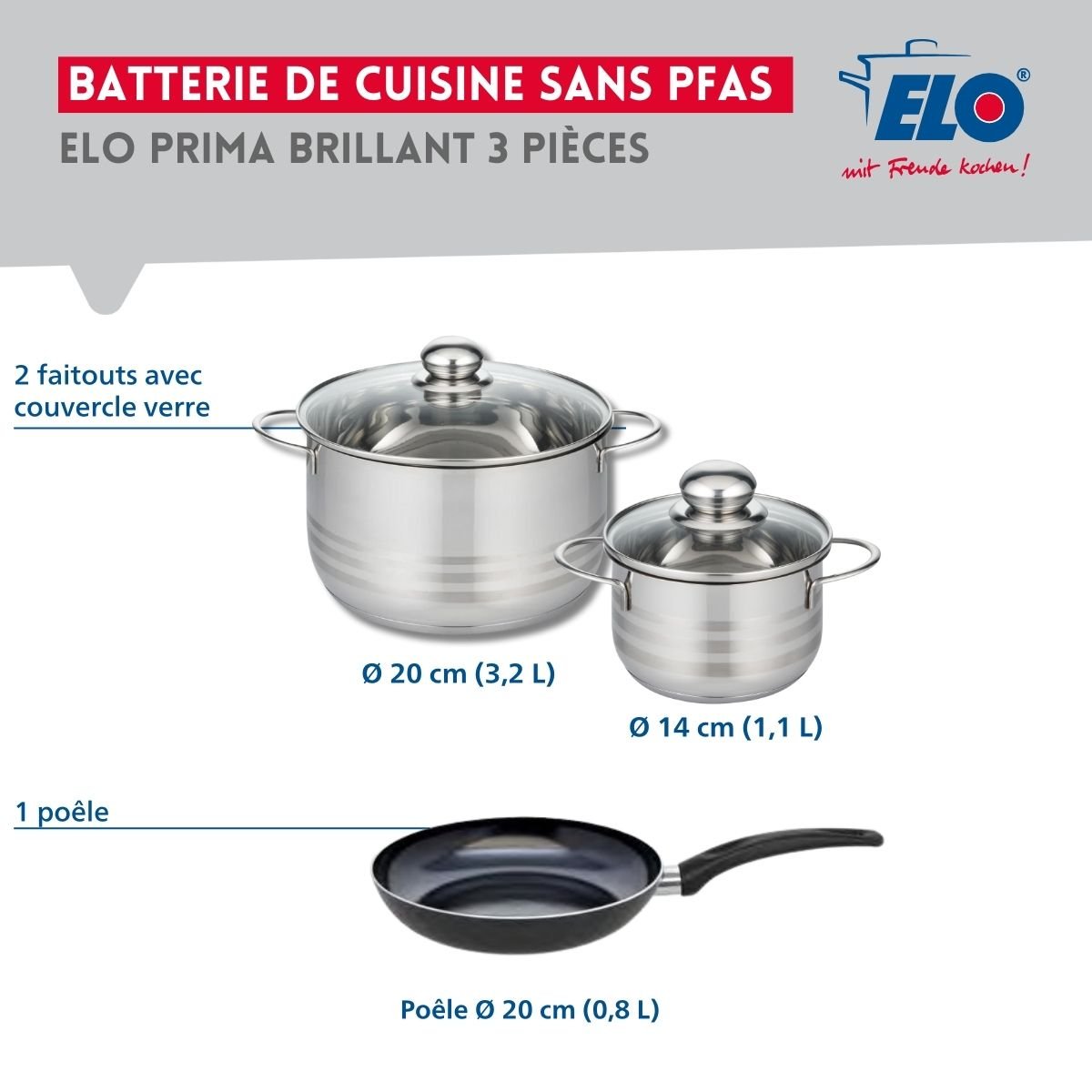 Batterie 1 poêle 20cm + 2 faitouts 14/20cm PRIMA BRILLANT noir, ELO