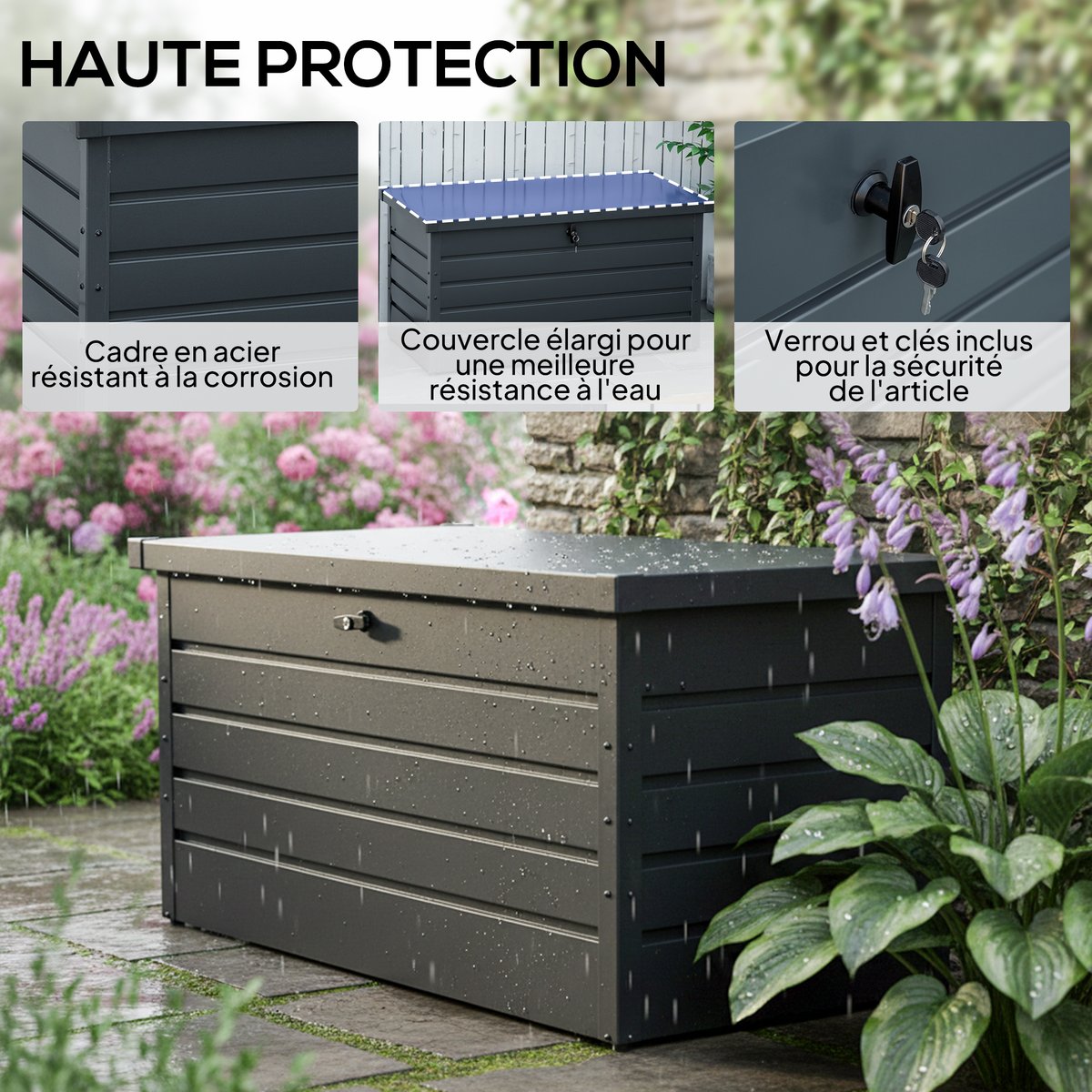 Coffre de jardin grande taille 120x62x62cm verrouillable acier anthracite gris, OUTSUNNY