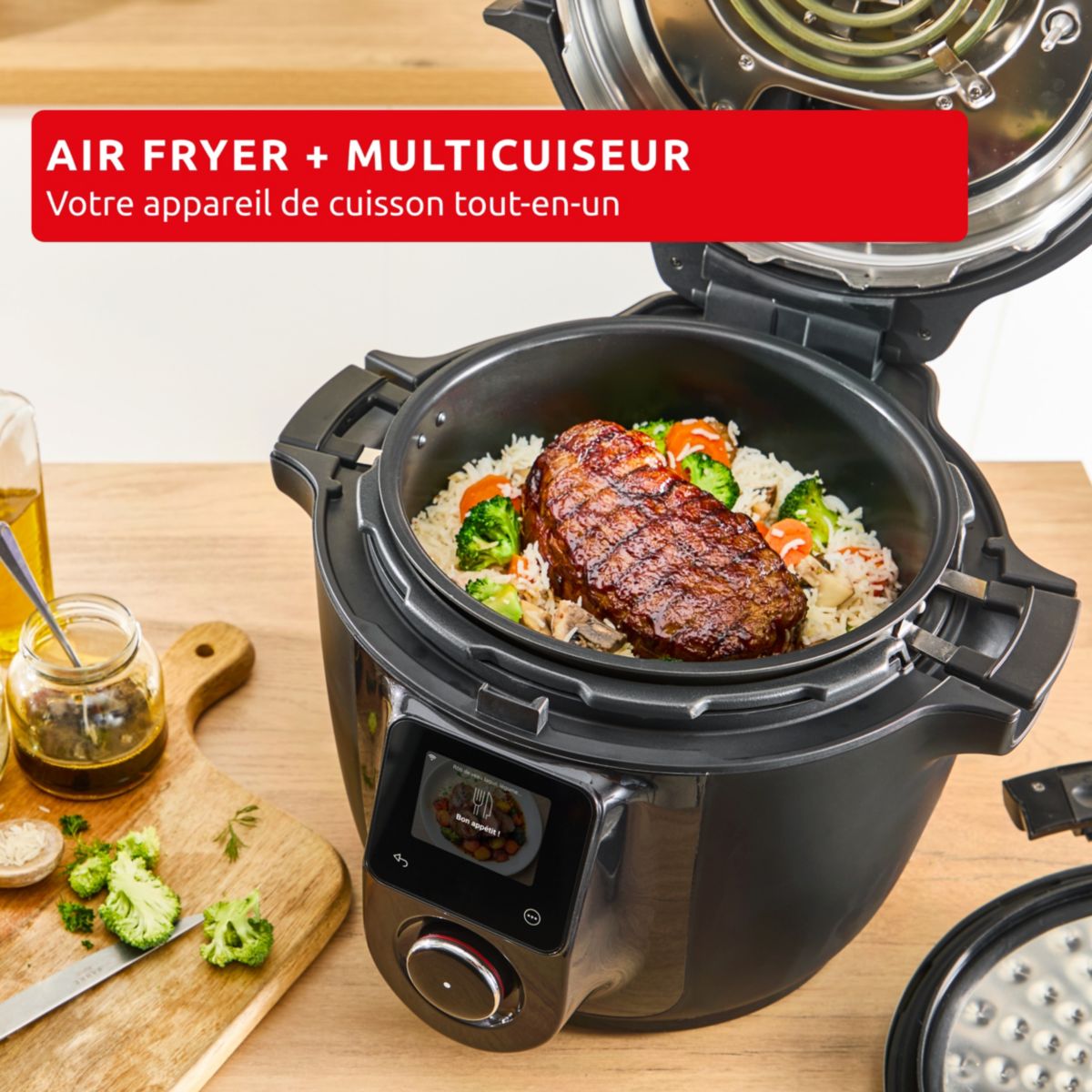 Cookeo Multicuiseur Airfryer Cookeo Infinity avec pale Noir CE9828F0 20 modes de cuisson, 6,5 L couleur unique, MOULINEX