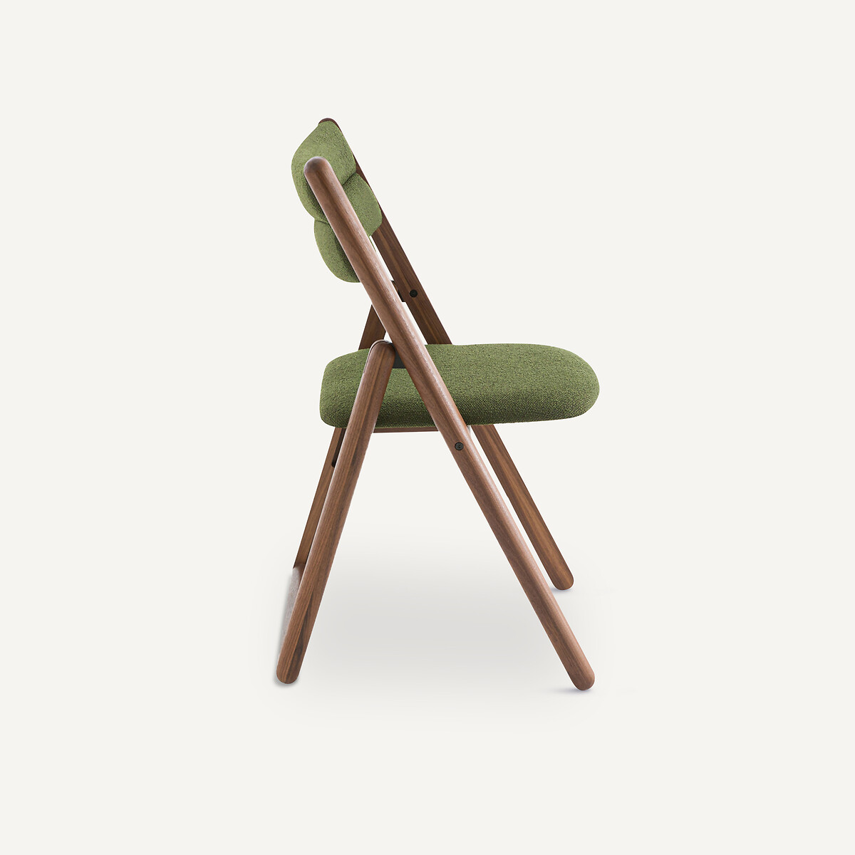 Chaise pliante, en noyer massif et tissu bouclette, CAMMINATA vert forêt, AM.PM X EMMANUEL GALLINA