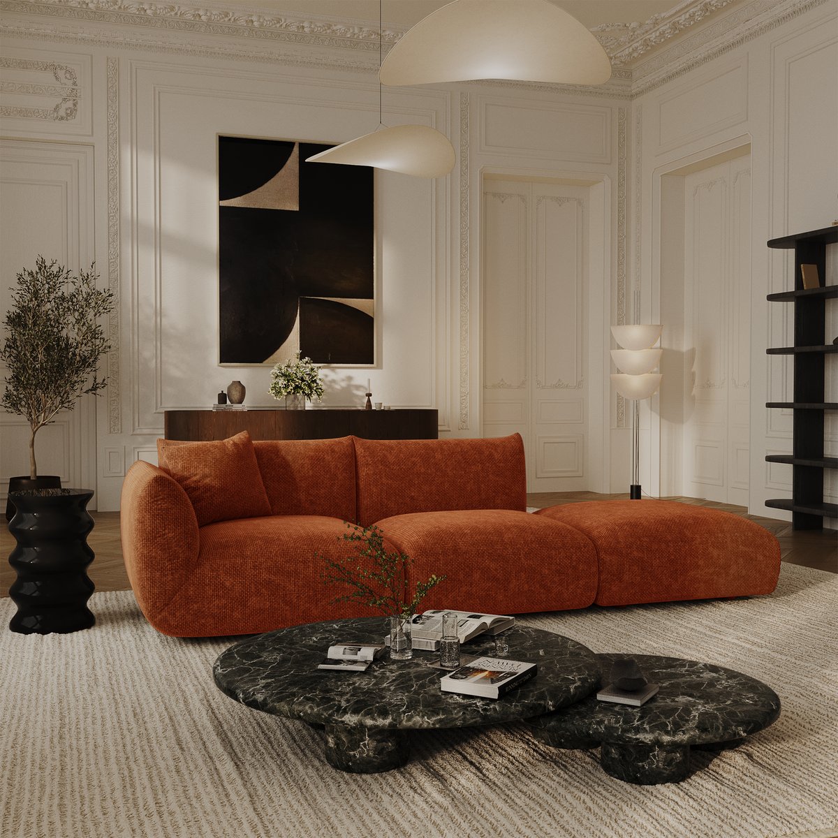 Canapé modulable 5 places en velours chenillé NOOMA terracotta, SIA HOME