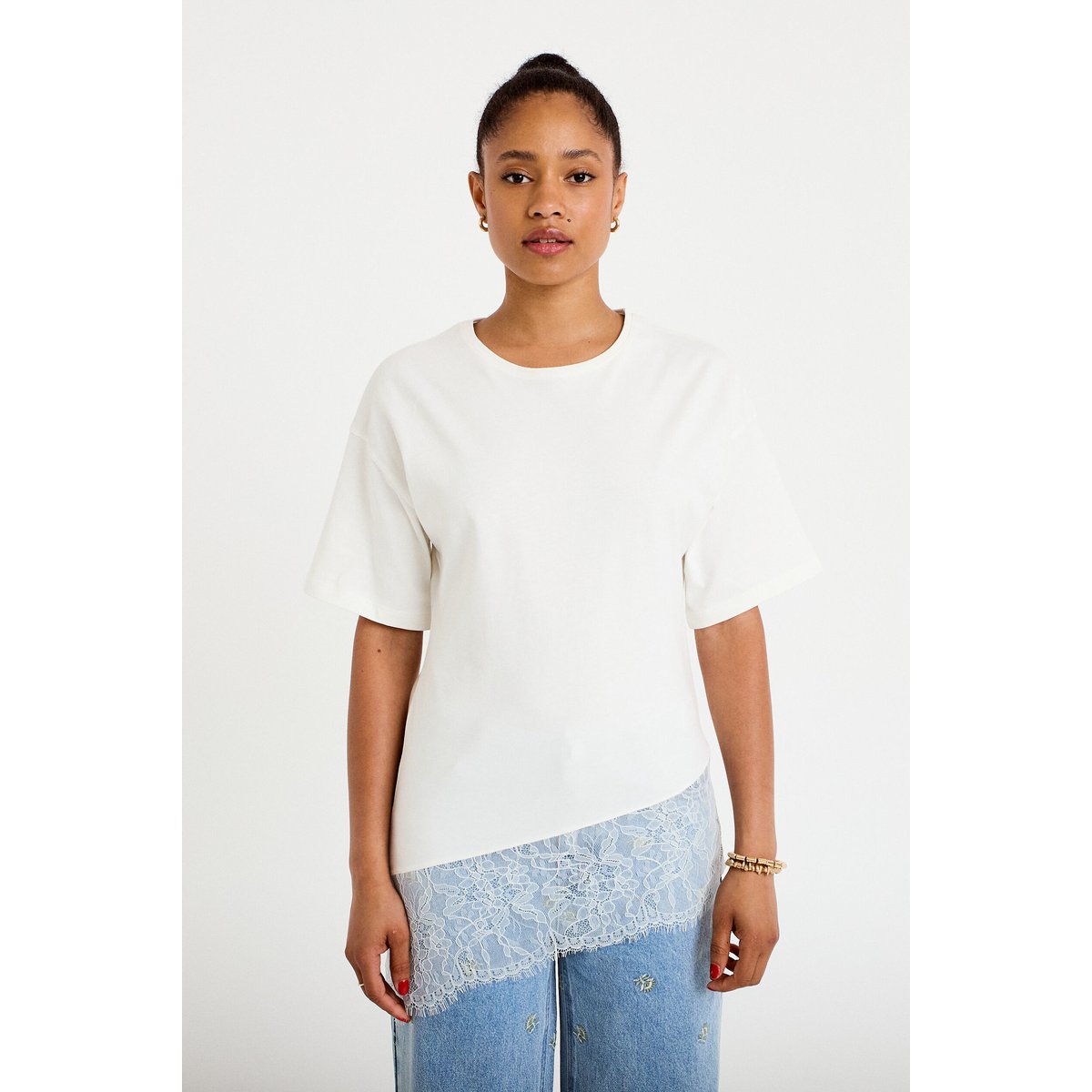 T-shirt oversize longue dentelle ecru, CACHE CACHE
