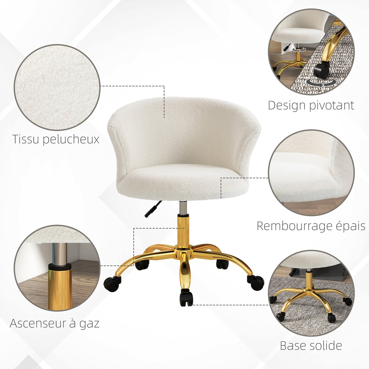 Chaise de bureau Polyester Or blanc et or, HOMCOM