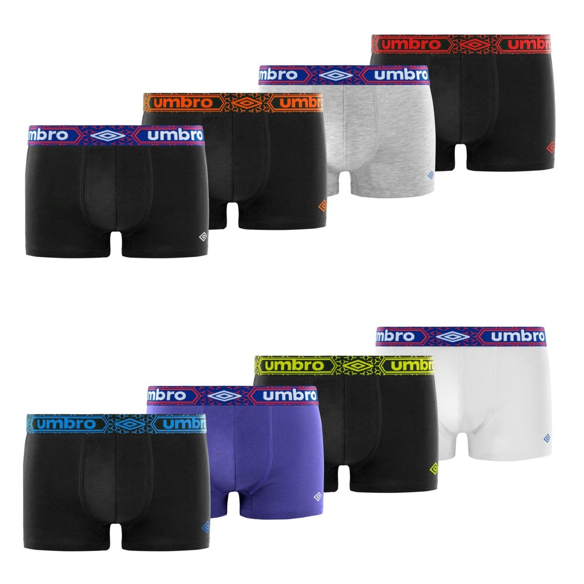 Lot De 8 Boxers Coton noir/blanc/bleu/gris chiné/rouge/jaune, UMBRO