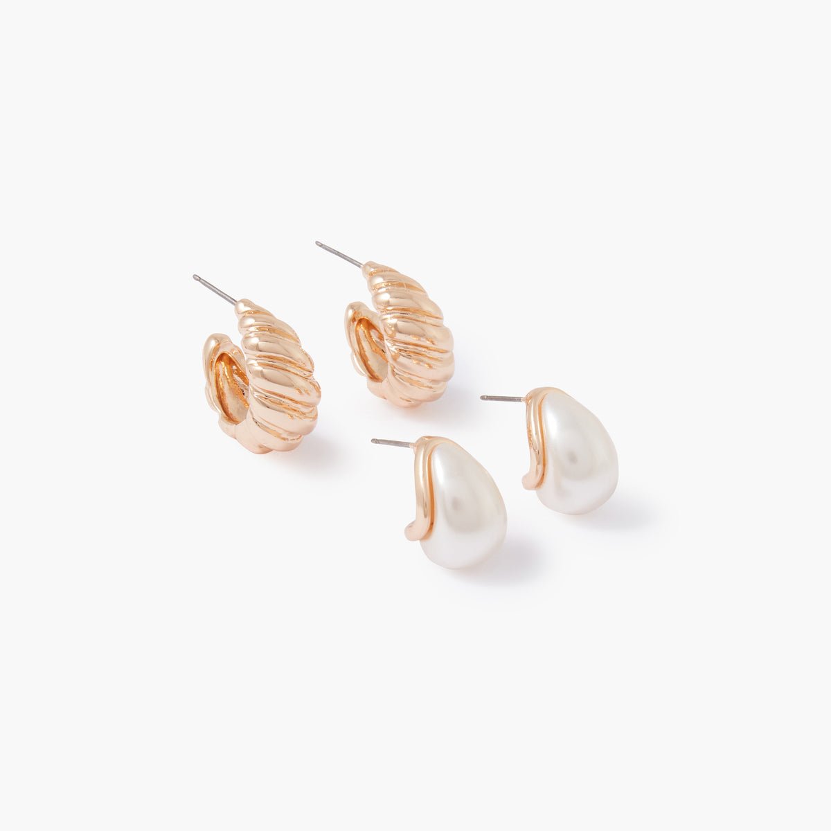 Set de 2 paires de petites créoles perle et twistées blanc, BALABOOSTE