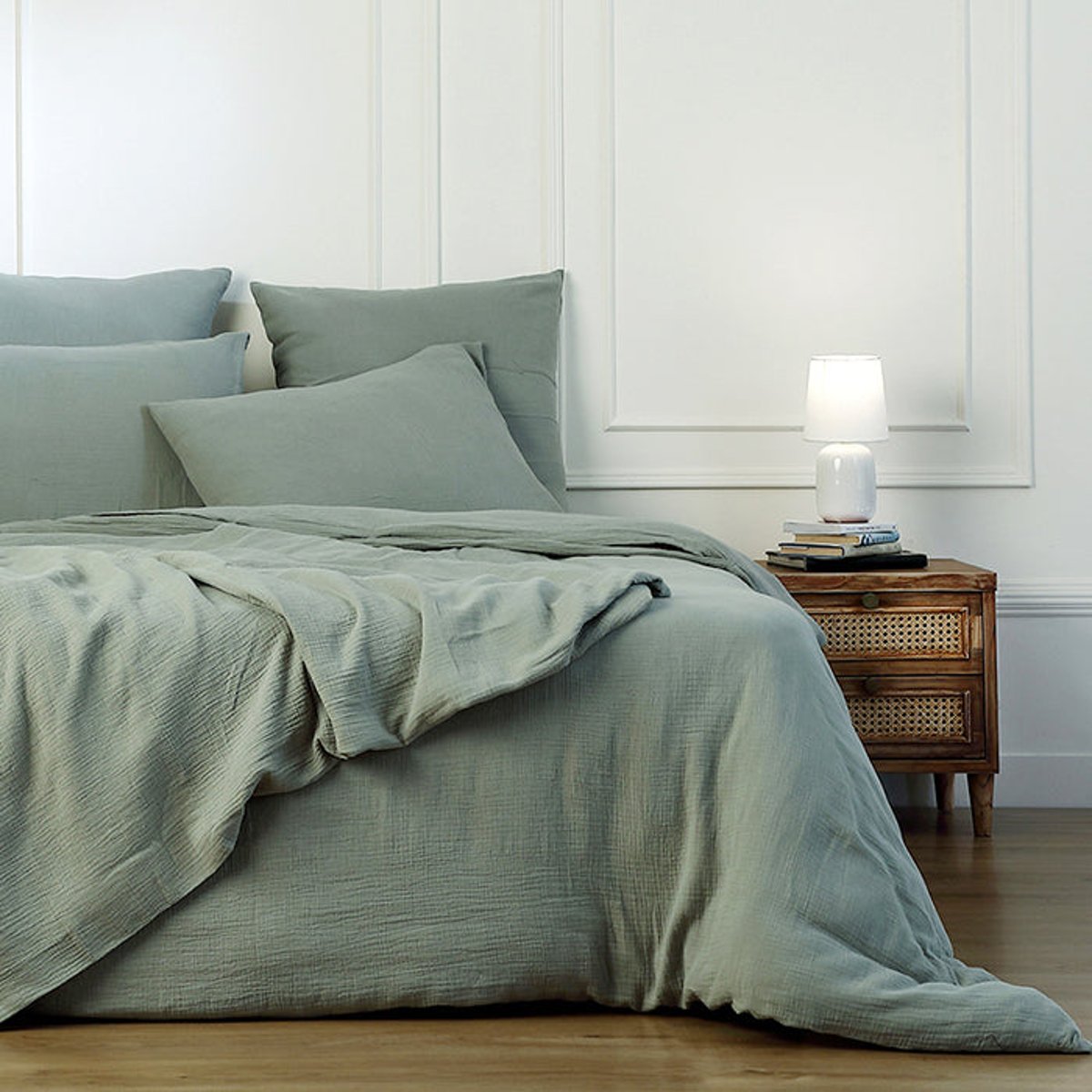 Parure + taies 65x65 gaze de coton CARLA vert céladon, FEBRONIE