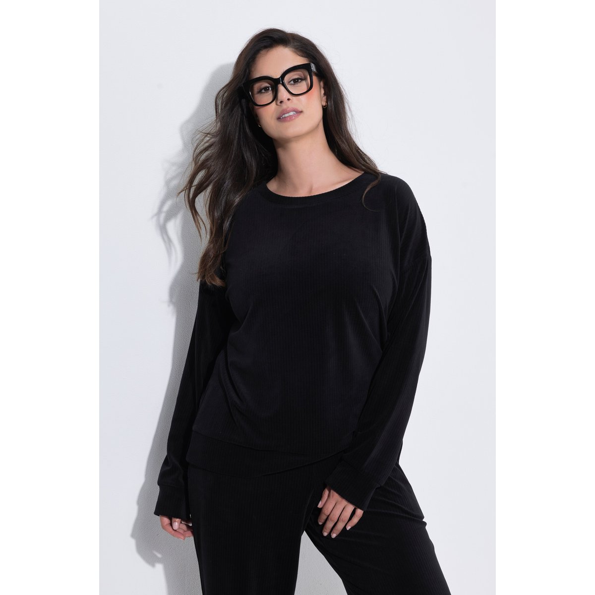 Sweat-shirt homewear, oversized, col rond noir, ULLA POPKEN
